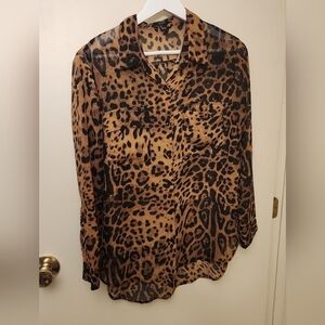 Forever 21 Satin Leopard Animal Print Button Down Blouse size Large
